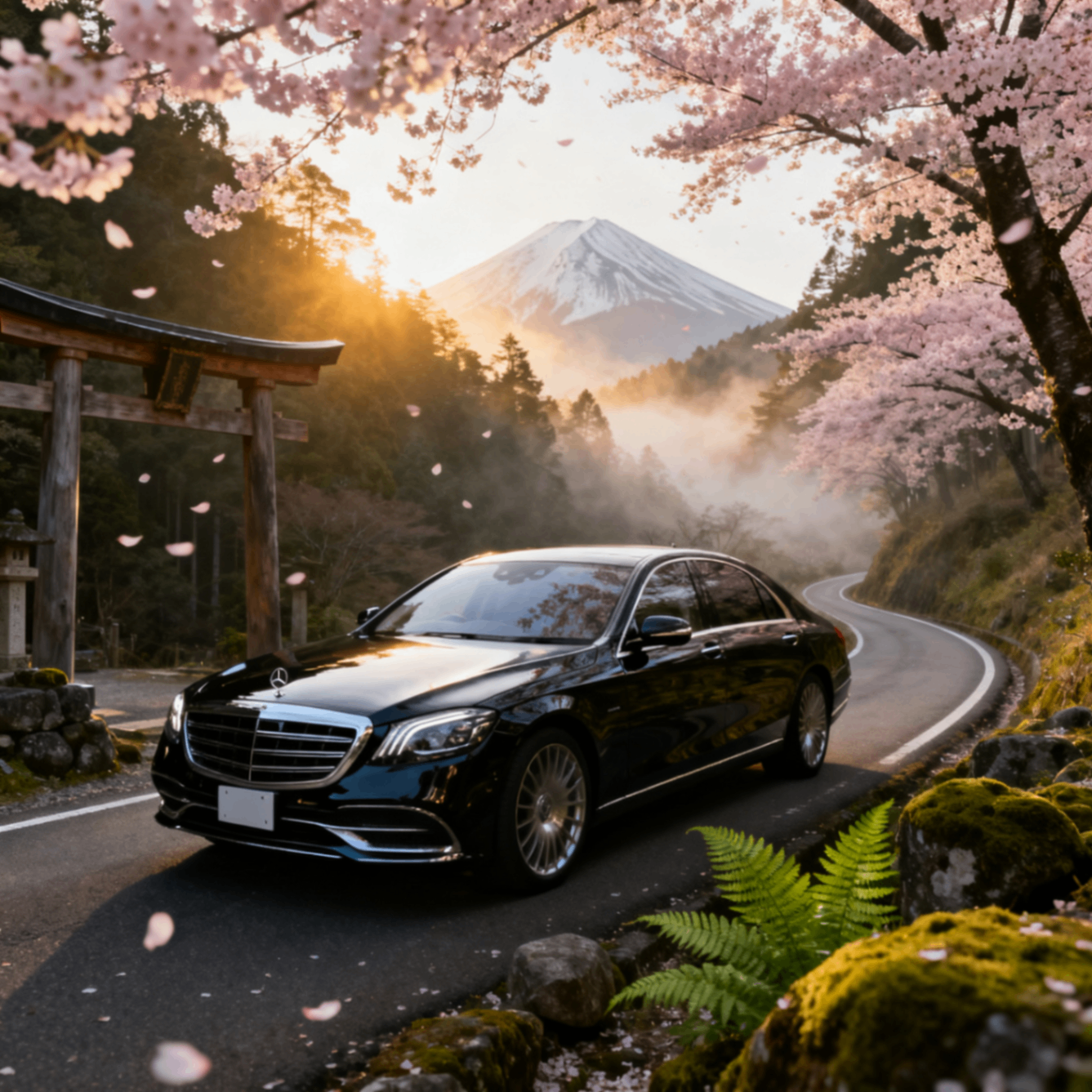 Mercedes-Benz S-Class luxury sedan on a mountain road near Mt Fuji with cherry blossoms