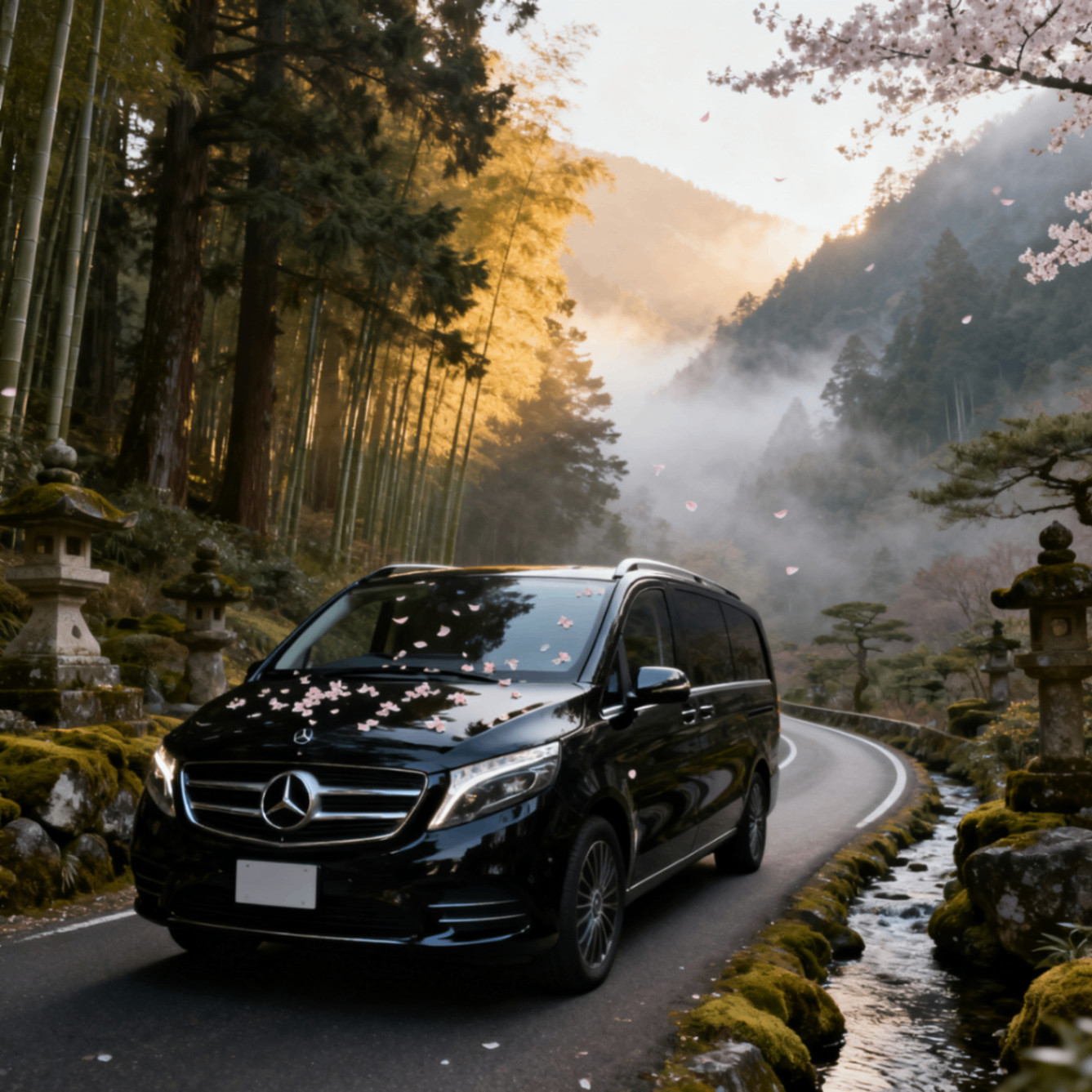 Mercedes-Benz V-Class premium van on a forest road with stone lanterns and cherry petals