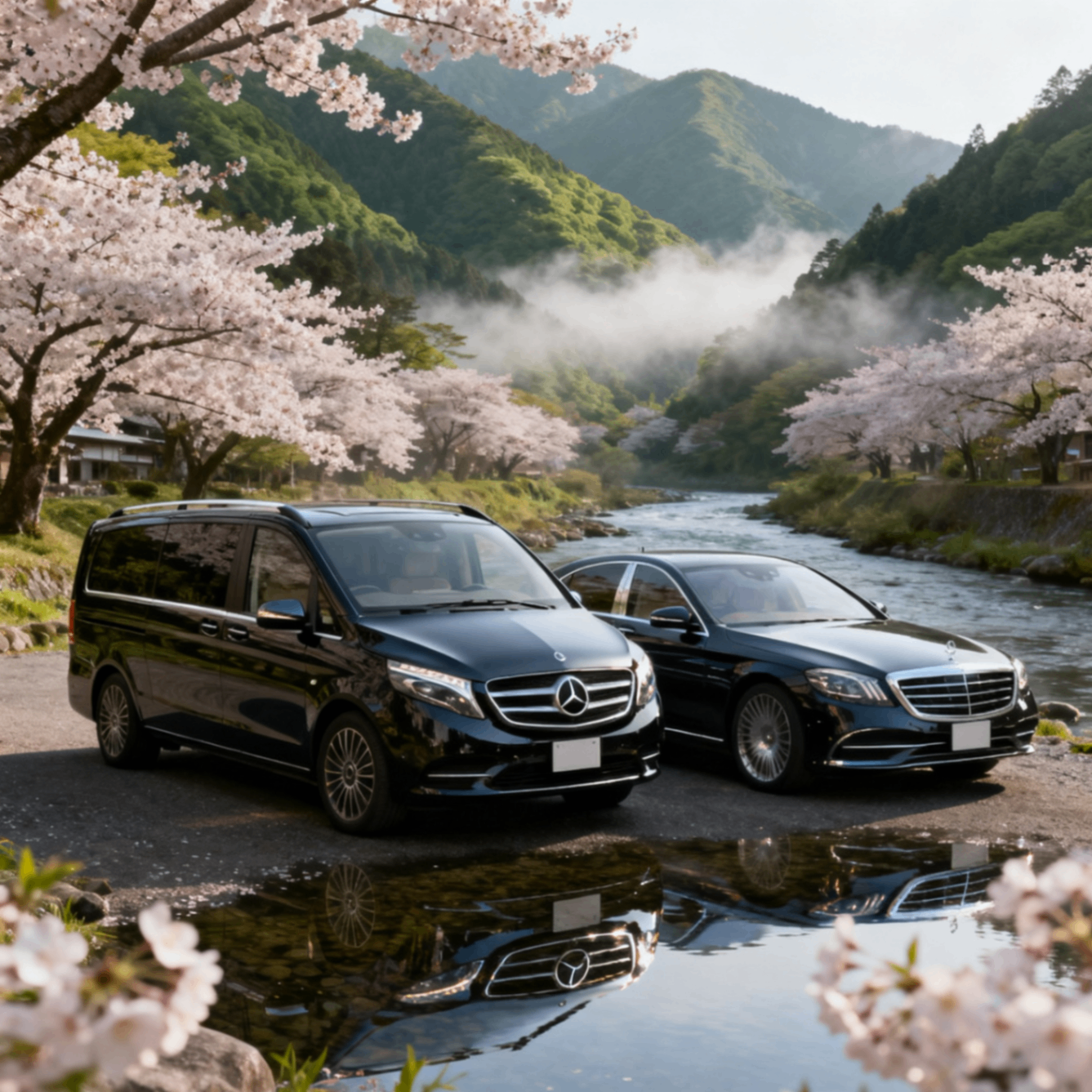 Mercedes-Benz V-Class van and S-Class sedan parked by a Japanese river under cherry blossoms