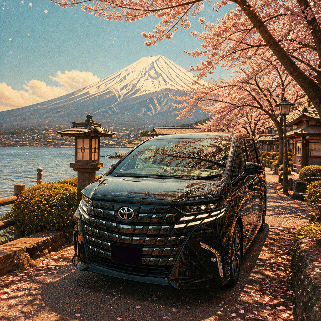 Toyota Alphard premium van parked by Lake Kawaguchi with Mt Fuji and cherry blossoms