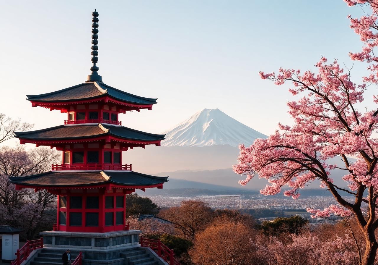 Mt Fuji snow-capped peak rising above forest