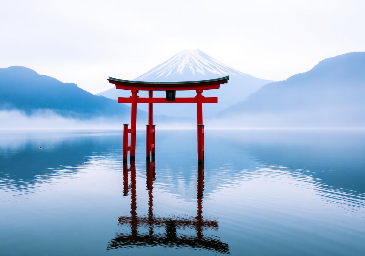 Hakone lake with floating red torii gate